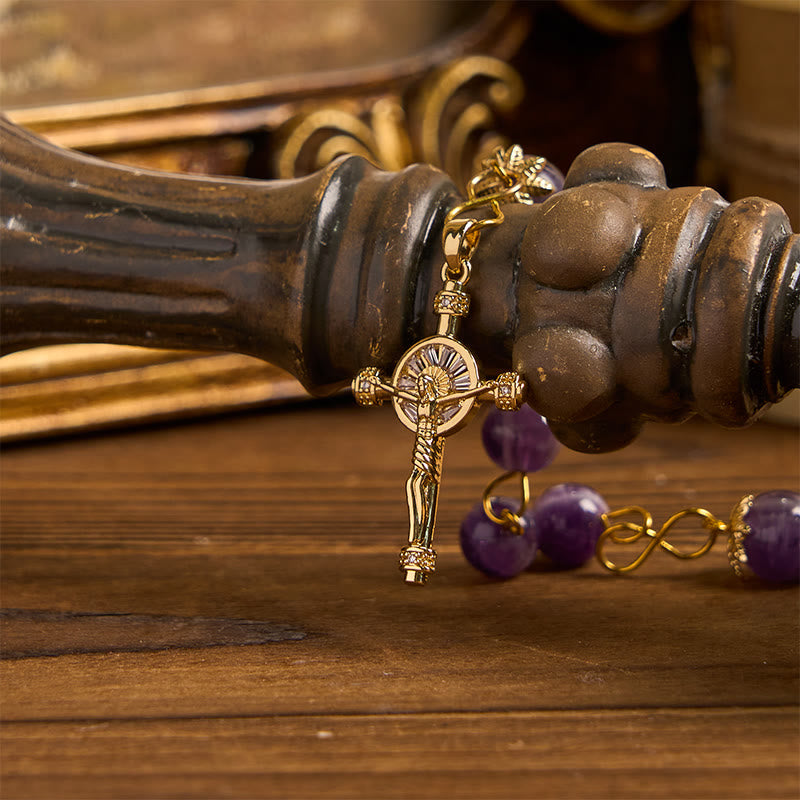 Christiandiscipleshop Our Lady of Guadalupe & Crucifix of 8mm Round Purple Crystal Rosary