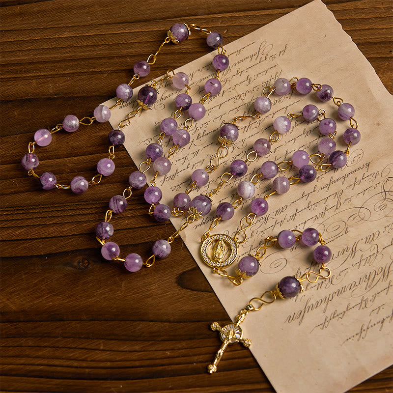 Christiandiscipleshop Our Lady of Guadalupe & Crucifix of 8mm Round Purple Crystal Rosary