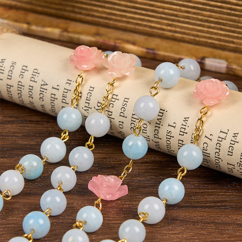 Christiandiscipleshop Our Lady of Guadalupe & Crucifix of 8mm Handmade Blue Aquamarine Chalcedony Beads Rosary