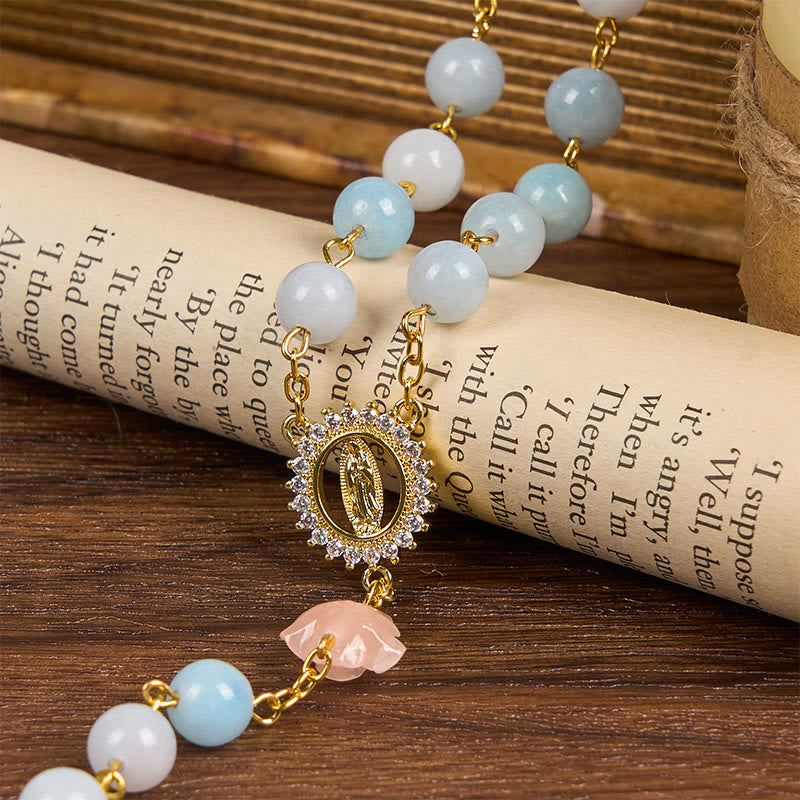 Christiandiscipleshop Our Lady of Guadalupe & Crucifix of 8mm Handmade Blue Aquamarine Chalcedony Beads Rosary