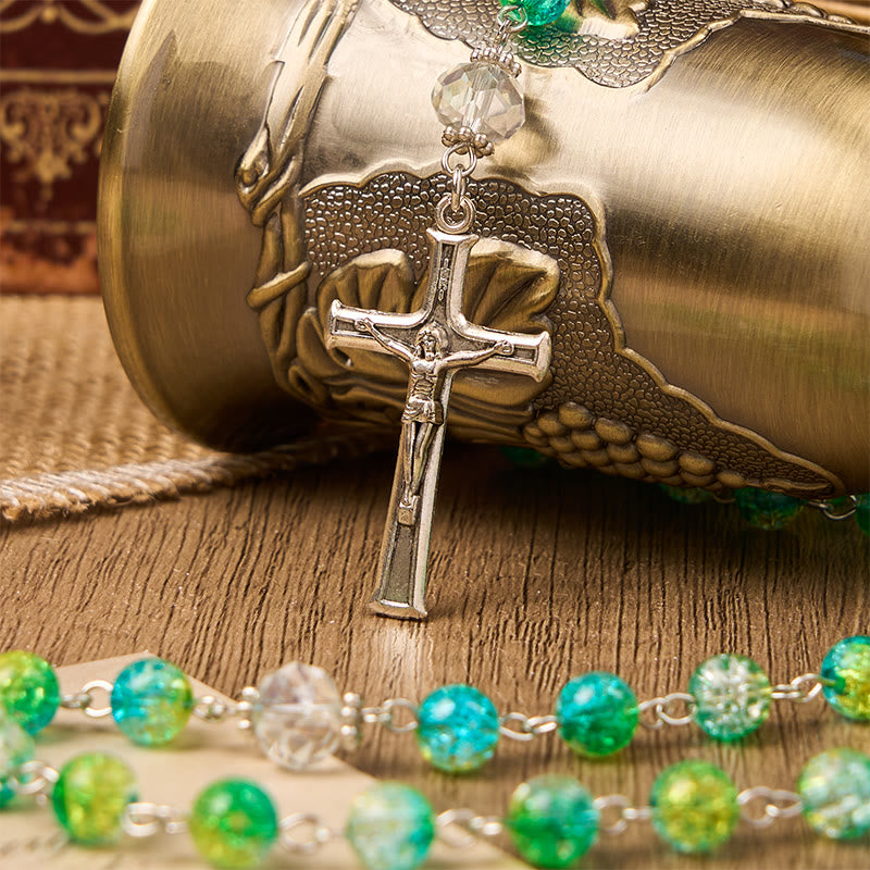Christiandiscipleshop St. Benedict Medal & Crucifix of 8mm Round Green Gemstone Rosary