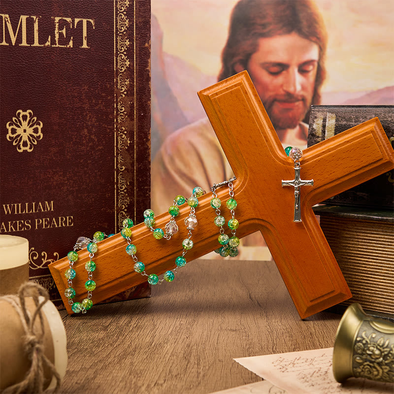 Christiandiscipleshop St. Benedict Medal & Crucifix of 8mm Round Green Gemstone Rosary