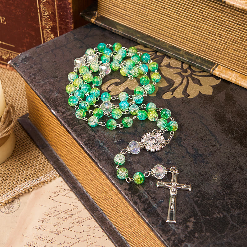 Christiandiscipleshop St. Benedict Medal & Crucifix of 8mm Round Green Gemstone Rosary
