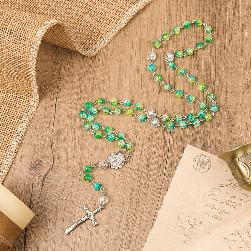 Christiandiscipleshop St. Benedict Medal & Crucifix of 8mm Round Green Gemstone Rosary