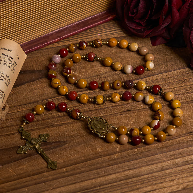 christiandiscipleshop Miraculous Medal & Crucifix of 8mm Natural Egg Yolk Jade Rosary - Handcrafted Rosary Beads
