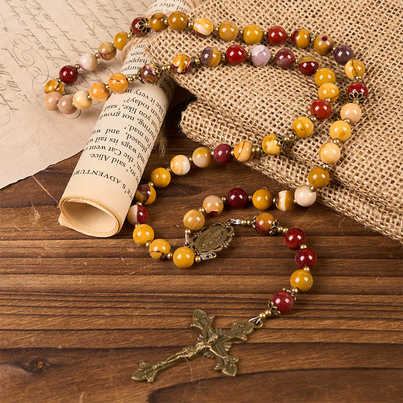 christiandiscipleshop Miraculous Medal & Crucifix of 8mm Natural Egg Yolk Jade Rosary - Handcrafted Rosary Beads