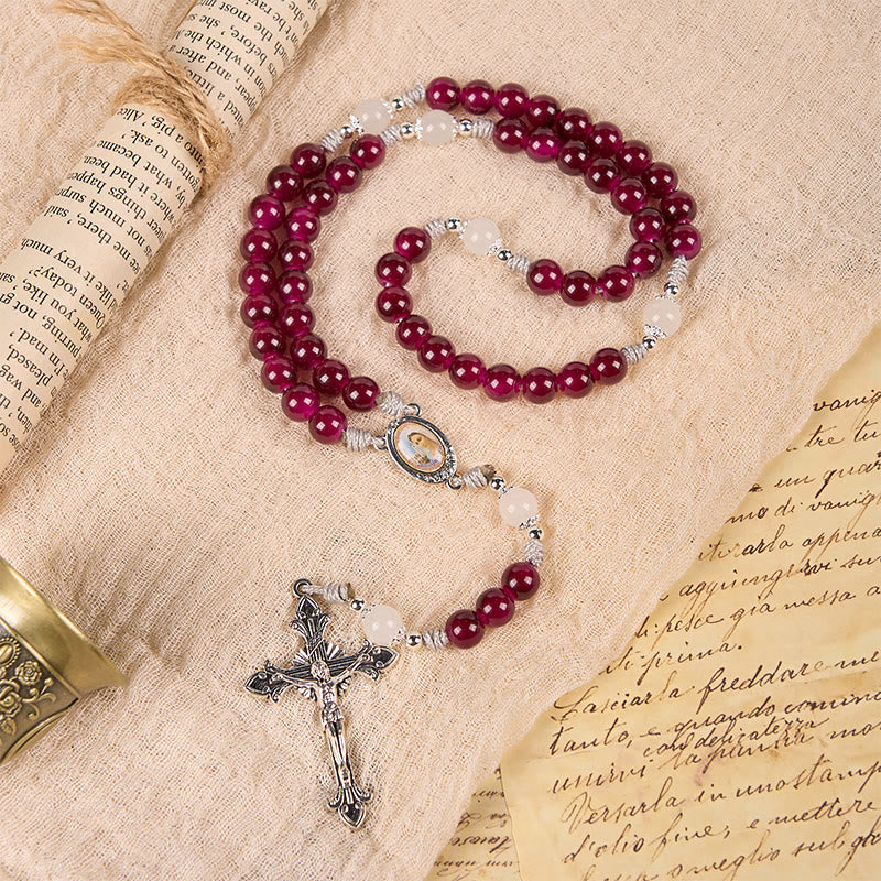 Christiandiscipleshop Divine Mercy & Crucifix of 8mm Garnet Chalcedony Rosary - Handmade Divine Beads