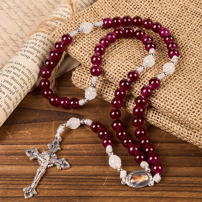 Christiandiscipleshop Divine Mercy & Crucifix of 8mm Garnet Chalcedony Rosary - Handmade Divine Beads