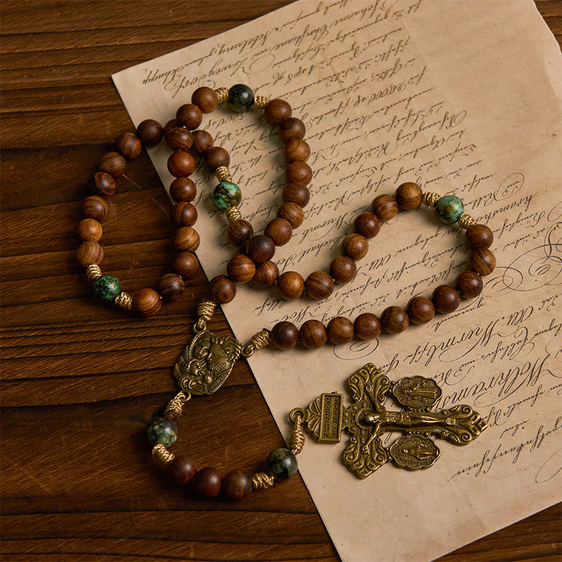 christiandiscipleshop Holy Family & Crucifix of 8mm Handmade Pine Wood & African Turquoise Rosary