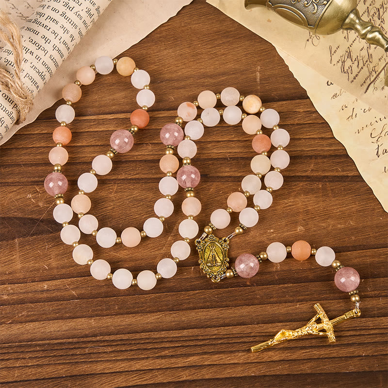 Christiandiscipleshop Our Lady & Crucifix of 8mm Handmade Pink Aventurine & Strawberry Quartz Rosary