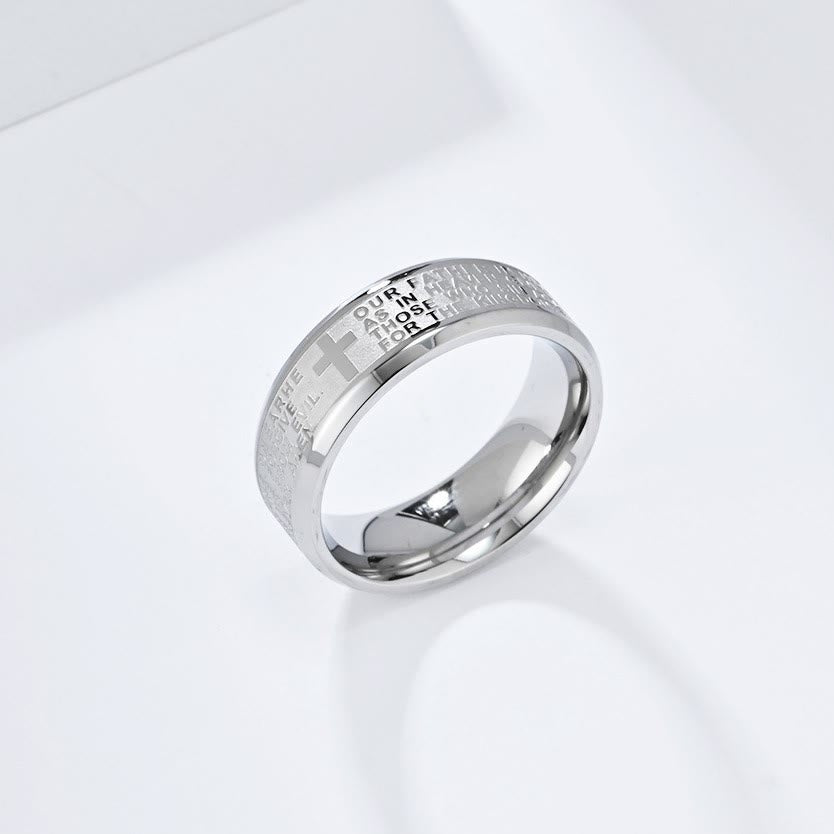 christiandiscipleshop Lord's Prayer Cross Stainless Steel Wedding Band Bible Verse Engraved Ring