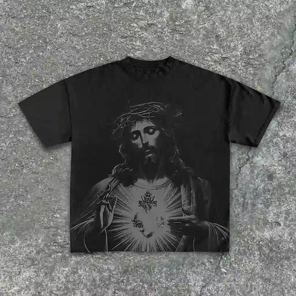 christiandiscipleshop Vintage Jesus Print Round Neck Cotton T-Shirt