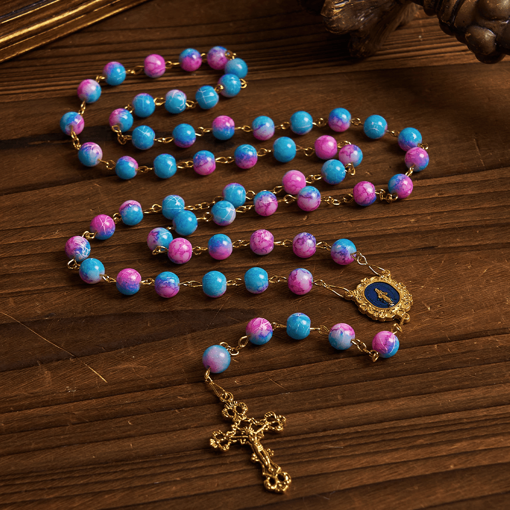 Christiandiscipleshop Divine Harmony Handmade Floral Rosary: Miraculous Medal & Crucifix of 8mm Blue&Purple