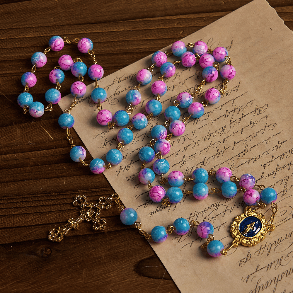 Christiandiscipleshop Divine Harmony Handmade Floral Rosary: Miraculous Medal & Crucifix of 8mm Blue&Purple