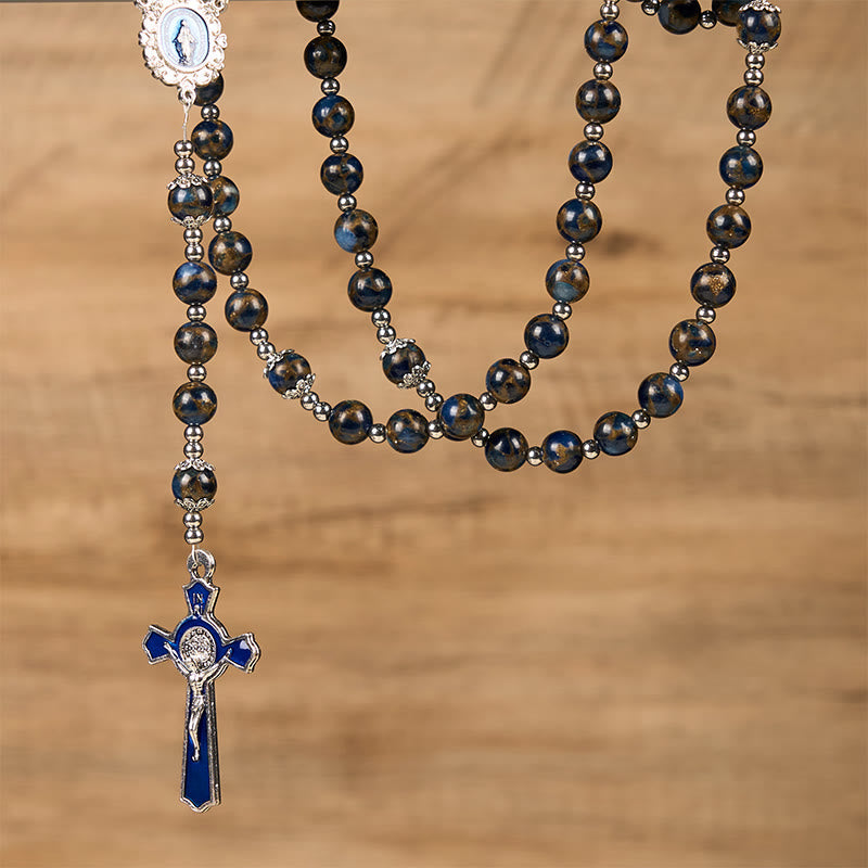 christiandiscipleshop Virgin Mary & Blue Crucifix of 8mm Blue Gold Stone Beads Rosary