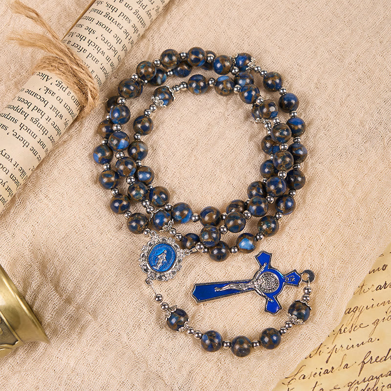 christiandiscipleshop Virgin Mary & Blue Crucifix of 8mm Blue Gold Stone Beads Rosary