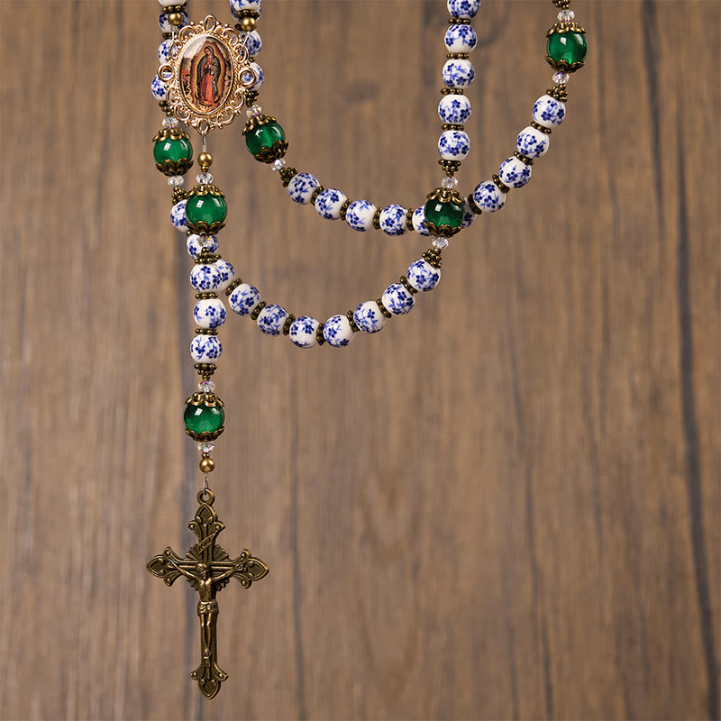 Christiandiscipleshop Divine Serenity Handmade Floral Rosary: Our Lady of Guadalupe & Crucifix of 8mm Ceramics&Jade