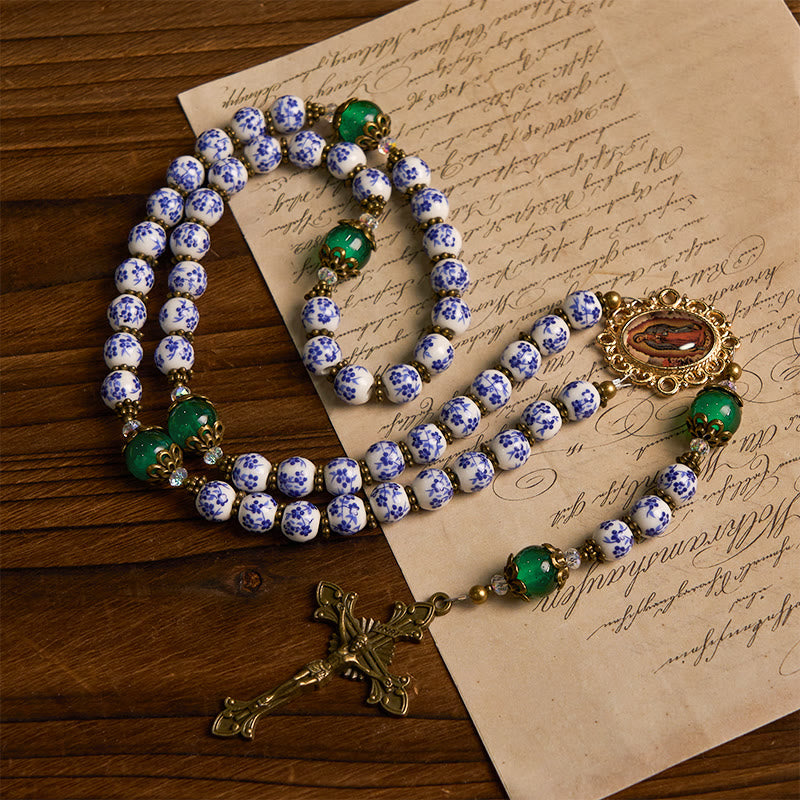 Christiandiscipleshop Divine Serenity Handmade Floral Rosary: Our Lady of Guadalupe & Crucifix of 8mm Ceramics&Jade