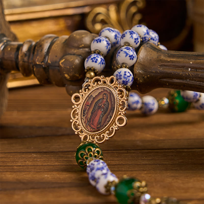 Christiandiscipleshop Divine Serenity Handmade Floral Rosary: Our Lady of Guadalupe & Crucifix of 8mm Ceramics&Jade