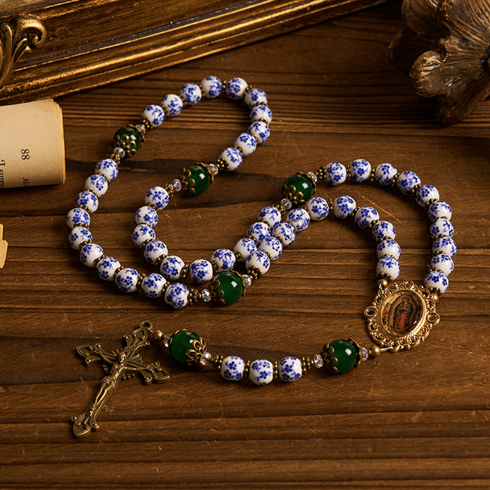 Christiandiscipleshop Divine Serenity Handmade Floral Rosary: Our Lady of Guadalupe & Crucifix of 8mm Ceramics&Jade