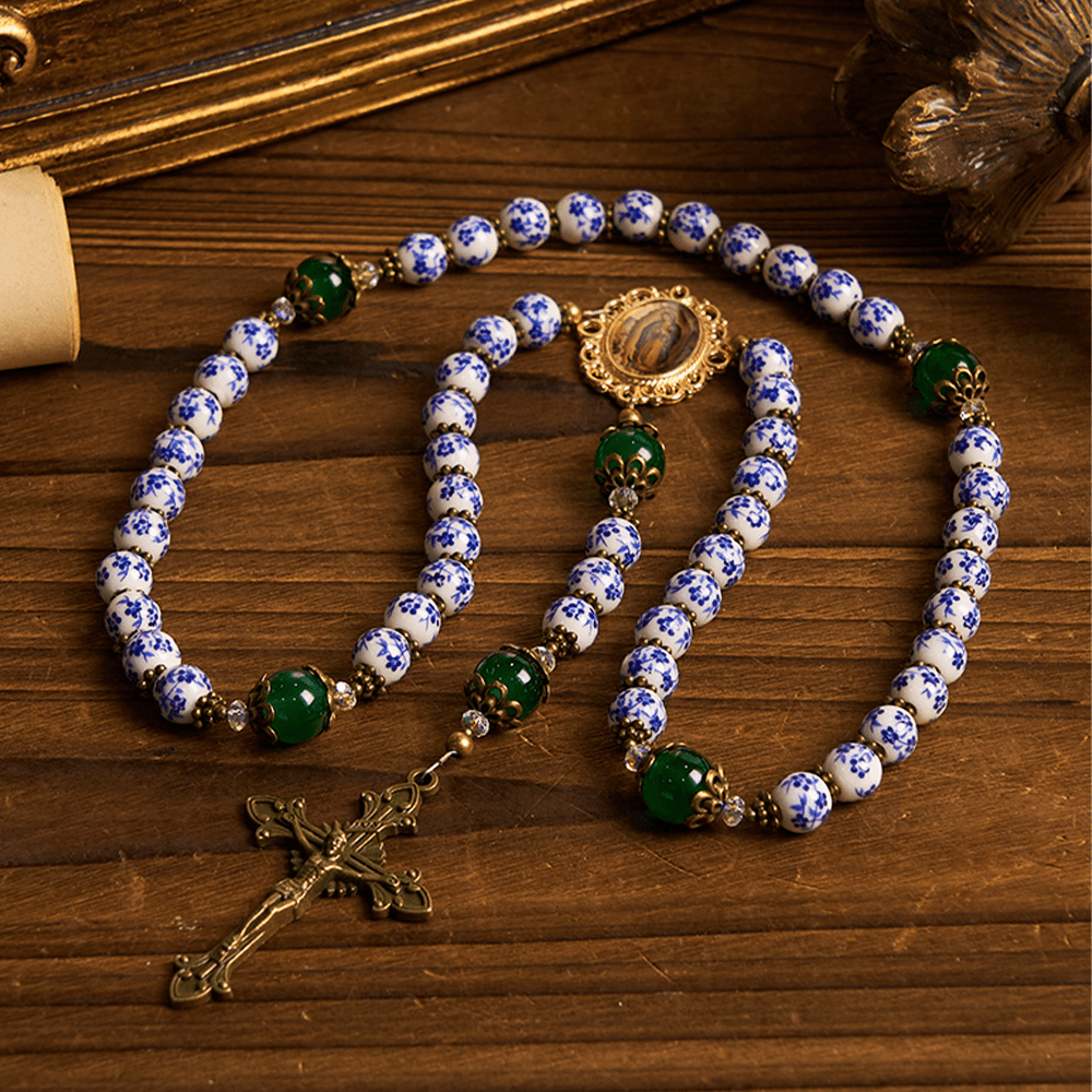 Christiandiscipleshop Divine Serenity Handmade Floral Rosary: Our Lady of Guadalupe & Crucifix of 8mm Ceramics&Jade