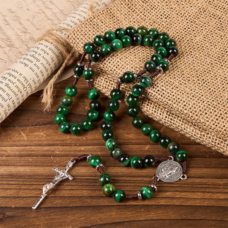 Christiandiscipleshop St. Benedict Medal & Crucifix of 8mm Green Tiger's Eye Rosary—Discover Tranquility and Spiritual Strength