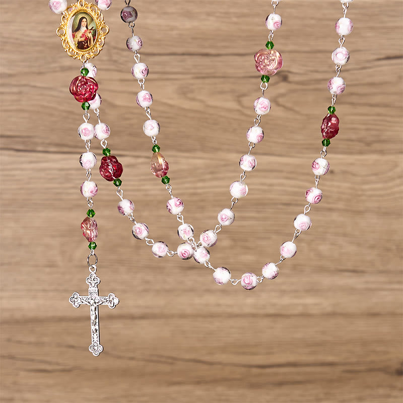 Christiandiscipleshop St. Therese Medal & Crucifix of 8mm Rose & Ivory Floral Elegance Rosary—Embrace the Grace and Beauty of Faith
