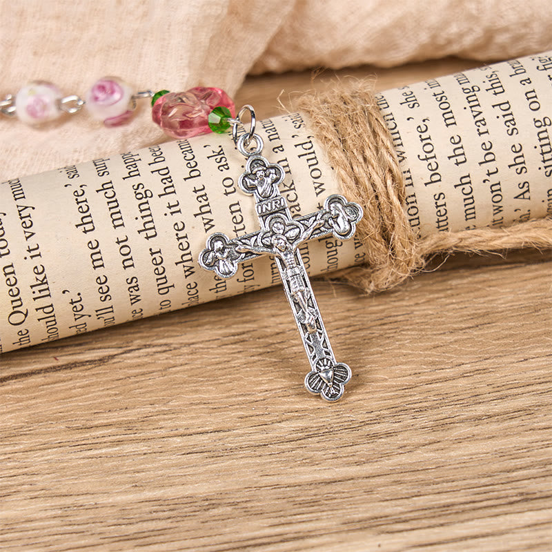 Christiandiscipleshop St. Therese Medal & Crucifix of 8mm Rose & Ivory Floral Elegance Rosary—Embrace the Grace and Beauty of Faith
