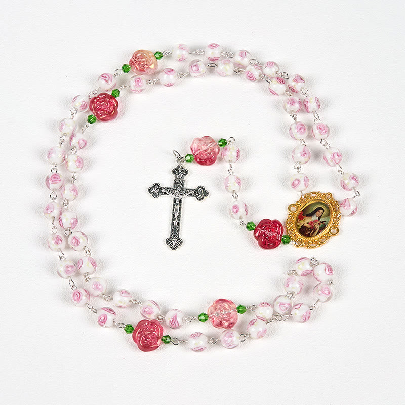 Christiandiscipleshop St. Therese Medal & Crucifix of 8mm Rose & Ivory Floral Elegance Rosary—Embrace the Grace and Beauty of Faith