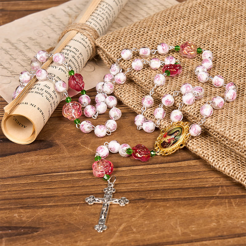 Christiandiscipleshop St. Therese Medal & Crucifix of 8mm Rose & Ivory Floral Elegance Rosary—Embrace the Grace and Beauty of Faith