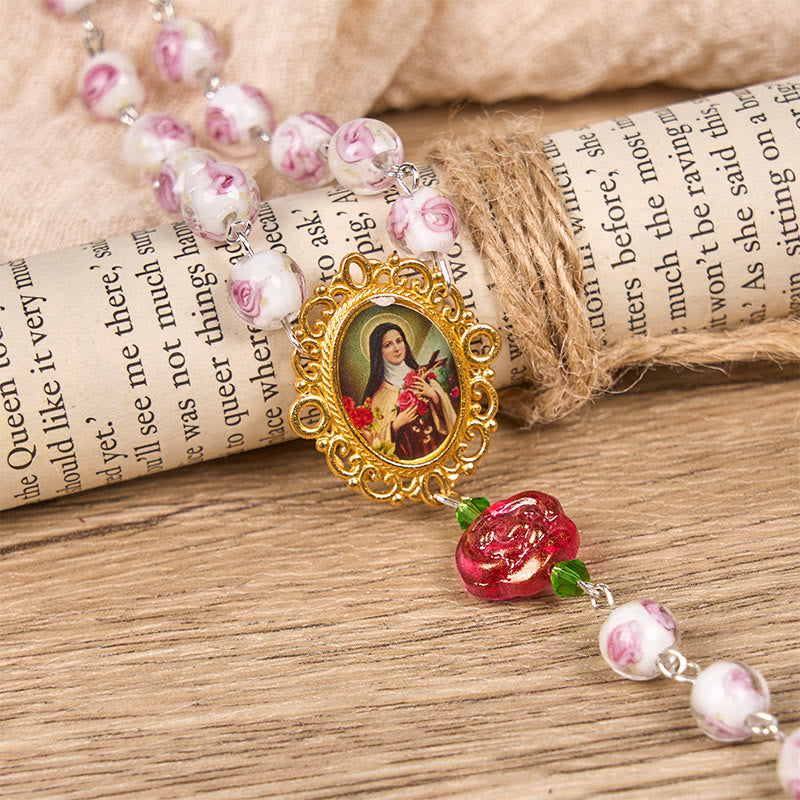 Christiandiscipleshop St. Therese Medal & Crucifix of 8mm Rose & Ivory Floral Elegance Rosary—Embrace the Grace and Beauty of Faith