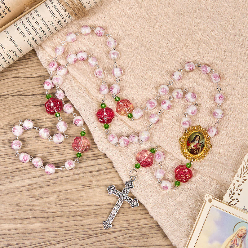 Christiandiscipleshop St. Therese Medal & Crucifix of 8mm Rose & Ivory Floral Elegance Rosary—Embrace the Grace and Beauty of Faith