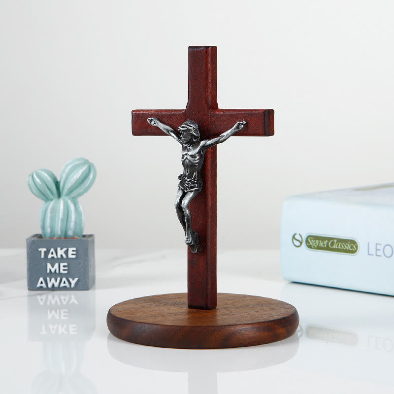 Christianartworkshop Bronze&Silver Wooden Jesus Crucifx Desktop Ornament