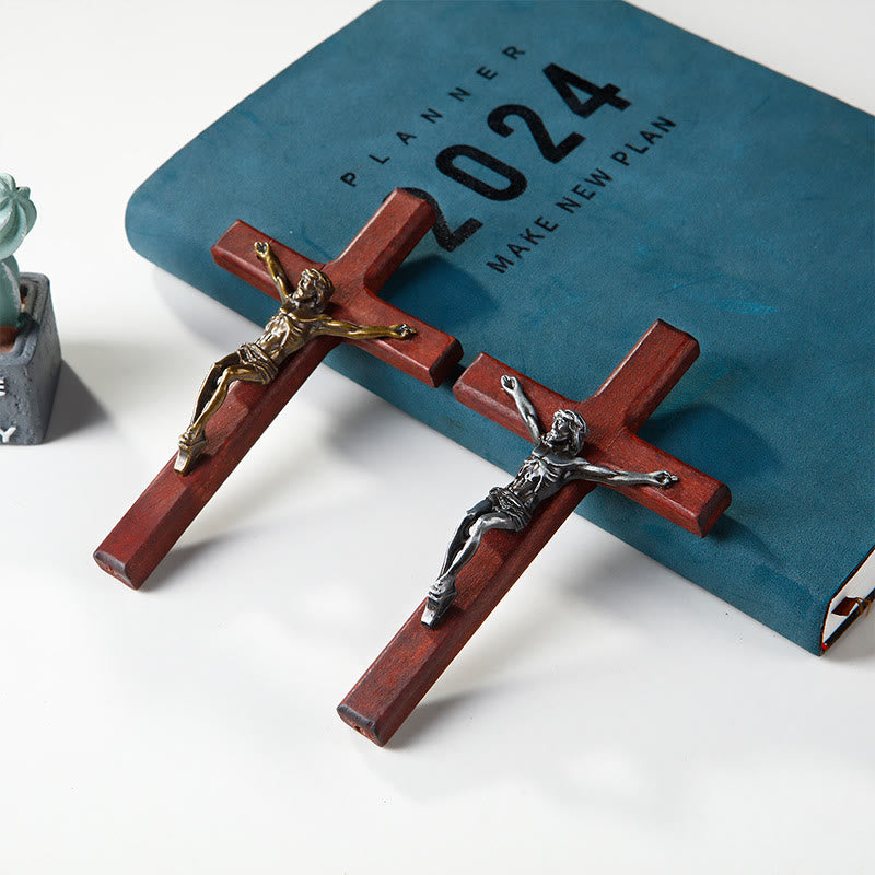 Christianartworkshop Bronze&Silver Wooden Jesus Crucifx Desktop Ornament
