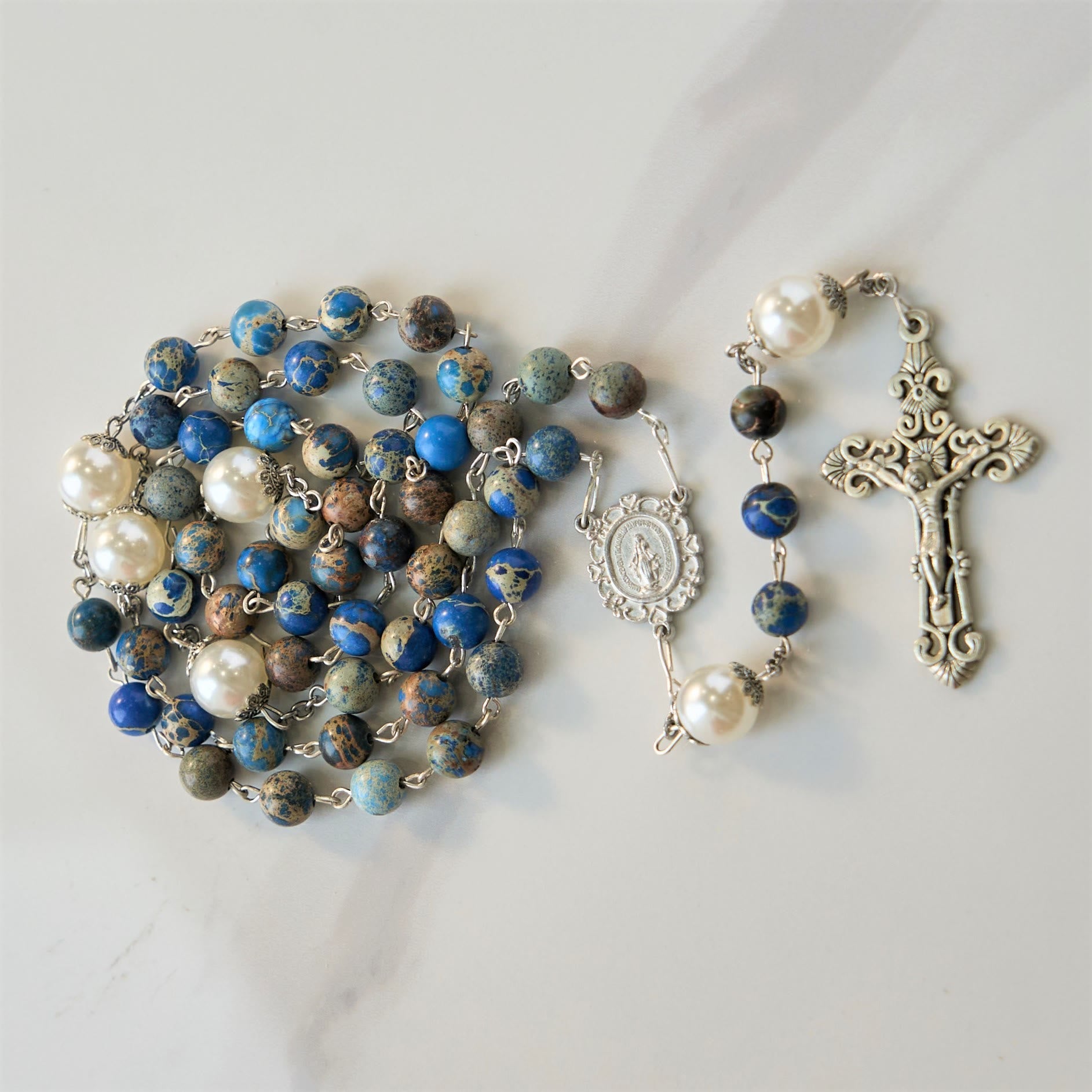 christiandiscipleshop Miraculous Medal & Crucifix of 8mm Deep Blue Imperial Stone Handmade Rosary for Daily Pray