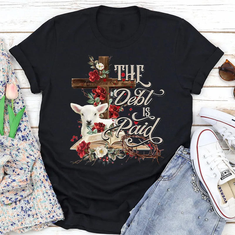 christiandiscipleshop The Debt Is Paid Floral Cross Easter T-Shirt