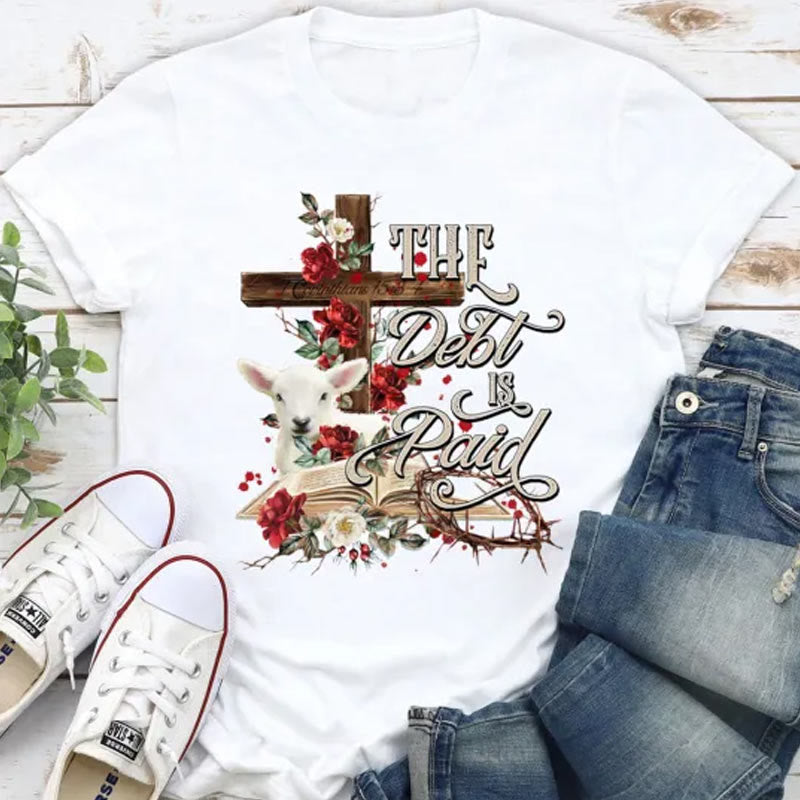 christiandiscipleshop The Debt Is Paid Floral Cross Easter T-Shirt