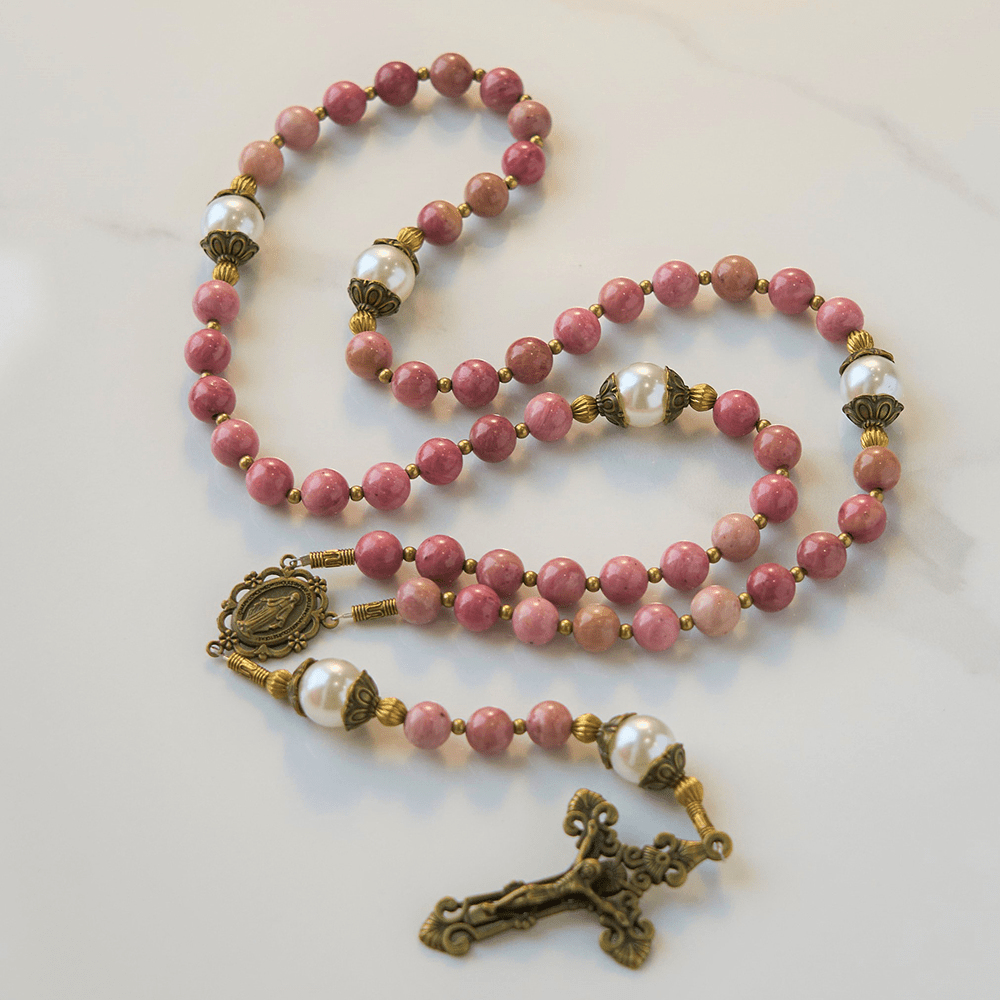 christiandiscipleshop Miraculous Medal & Crucifix of 8mm Natural Red Wood Vein Stone Handmade Rosary Beads