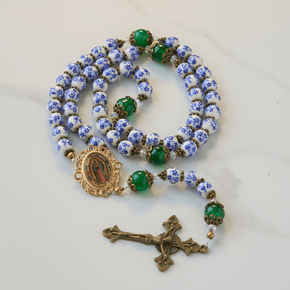Christiandiscipleshop Divine Serenity Handmade Floral Rosary: Our Lady of Guadalupe & Crucifix of 8mm Ceramics&Jade