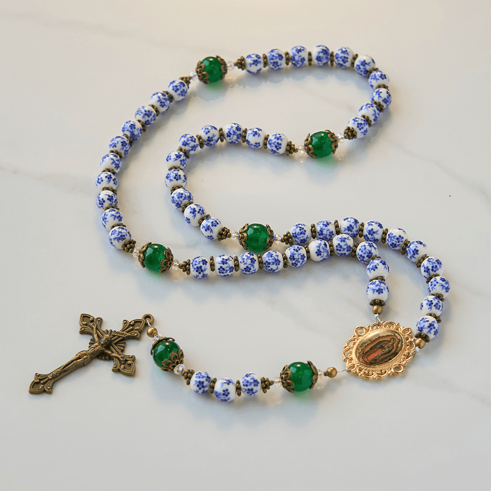 Christiandiscipleshop Divine Serenity Handmade Floral Rosary: Our Lady of Guadalupe & Crucifix of 8mm Ceramics&Jade