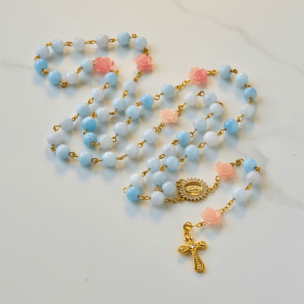 Christiandiscipleshop Our Lady of Guadalupe & Crucifix of 8mm Handmade Blue Aquamarine Chalcedony Beads Rosary