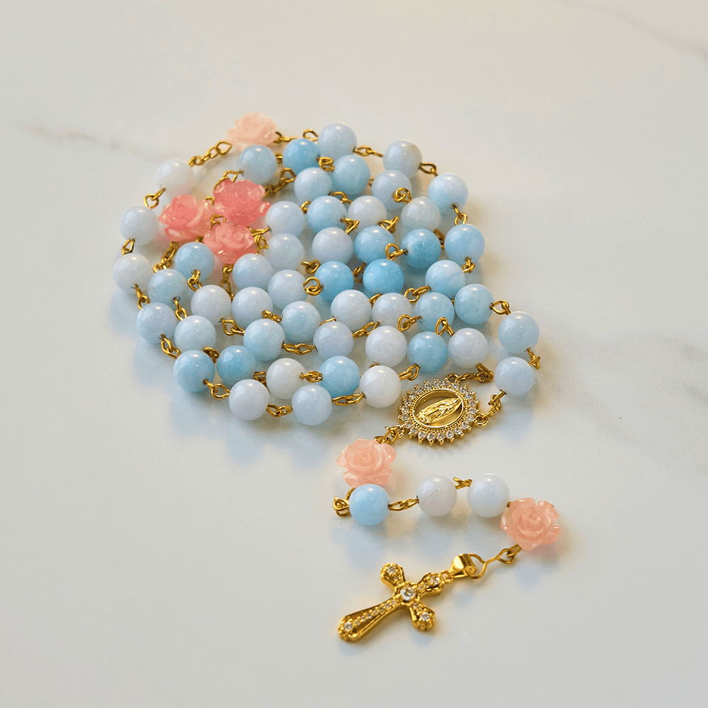 Christiandiscipleshop Our Lady of Guadalupe & Crucifix of 8mm Handmade Blue Aquamarine Chalcedony Beads Rosary