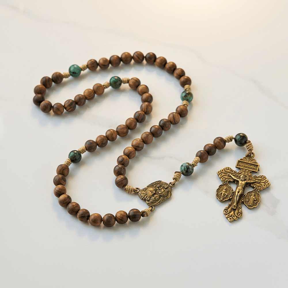 christiandiscipleshop Holy Family & Crucifix of 8mm Handmade Pine Wood & African Turquoise Rosary