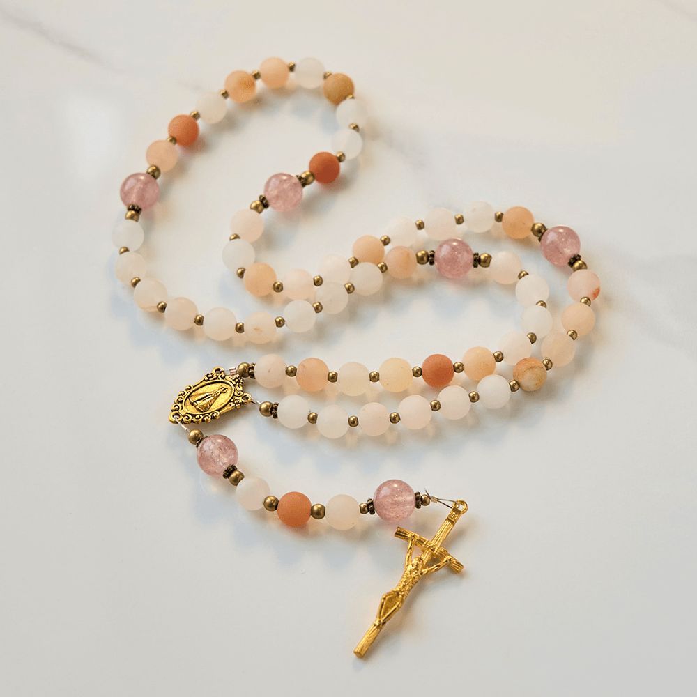 Christiandiscipleshop Our Lady & Crucifix of 8mm Handmade Pink Aventurine & Strawberry Quartz Rosary