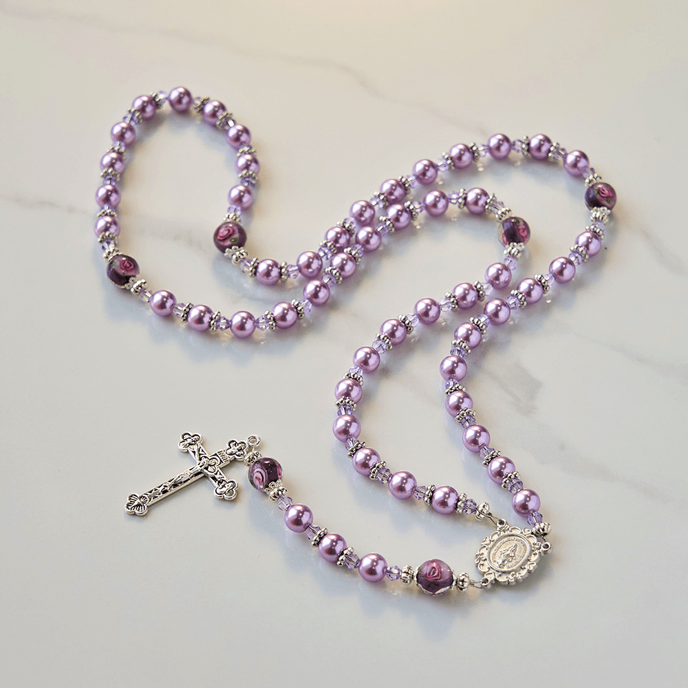 christiandiscipleshop Miraculous Medal & Crucifix 8mm Purple Pearl & Crystal Handmade Rosary - Sacred Beads for Holy Prayer