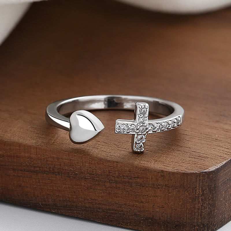 Christianartworkshop 3 Color Heart & Cross Symbol Blessed Minimalist Adjustable Ring