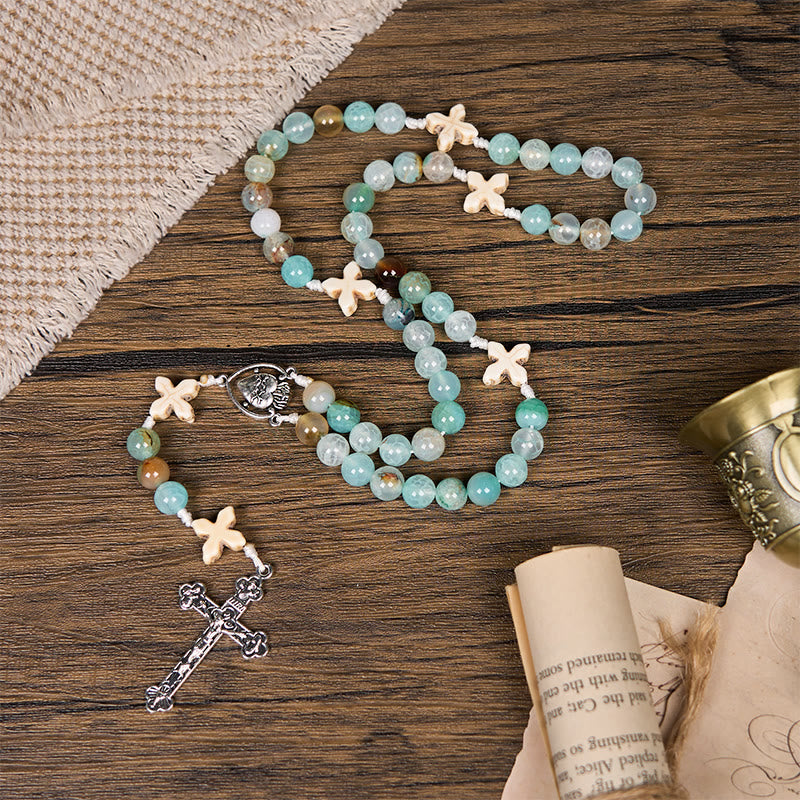 Christiandiscipleshop Serenity in Prayer Rosary: Handmade Peace and Devotion with 8mm Sky-blue Pattern Agate Beads