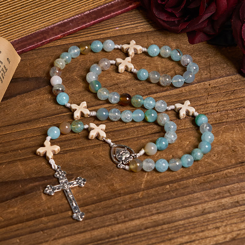 Christiandiscipleshop Serenity in Prayer Rosary: Handmade Peace and Devotion with 8mm Sky-blue Pattern Agate Beads