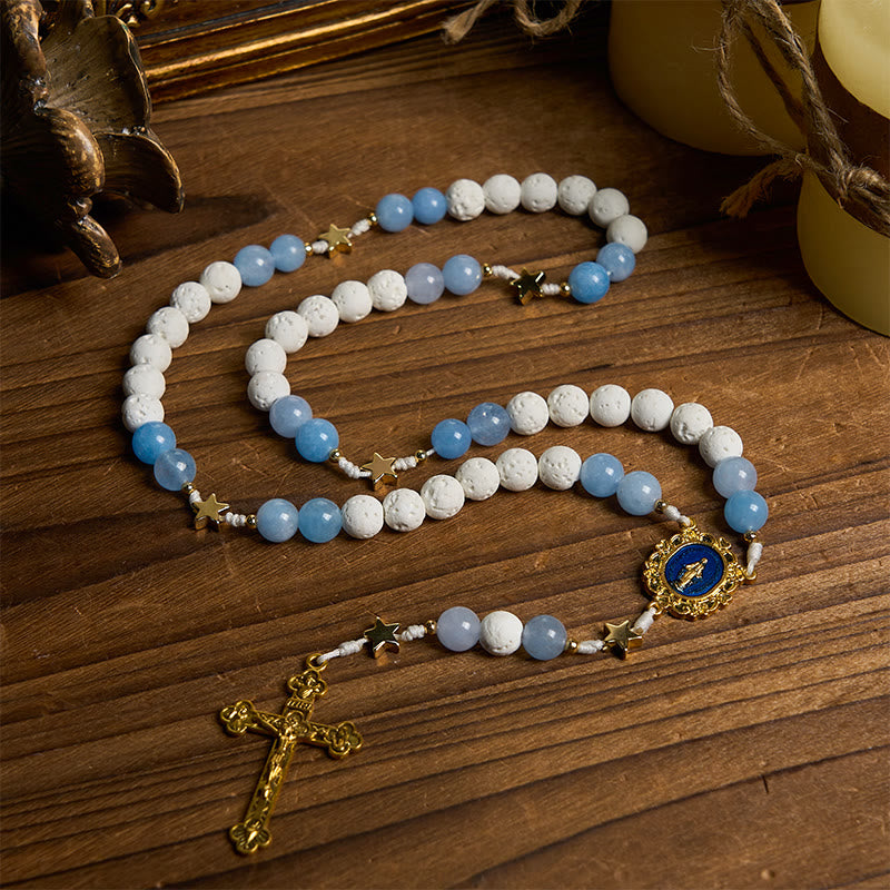 christiandiscipleshop Starry Divine Handmade Rosary: Blue Agate Beads and Celestial Golden Accents