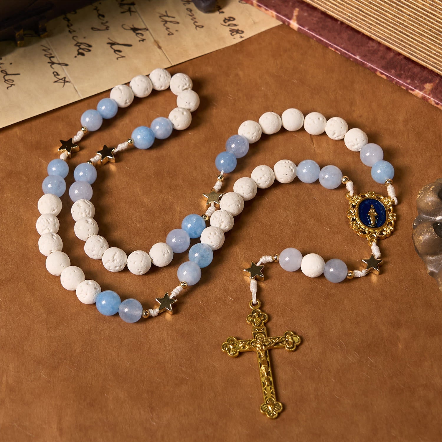christiandiscipleshop Starry Divine Handmade Rosary: Blue Agate Beads and Celestial Golden Accents